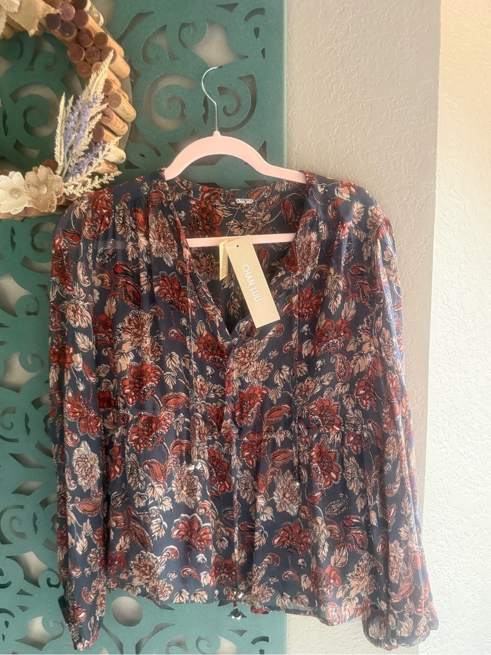 Chan Luu Navy Floral Long-Sleeve Blouse with Rust and Cream Accents
